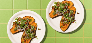 Peruvian Lentil Stuffed Sweet Potatoes pickled serrano, mojo verde, pepita crunch