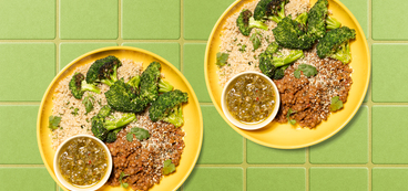 Chimichurri Lentil Bowls roasted broccoli, quinoa, hemp seeds
