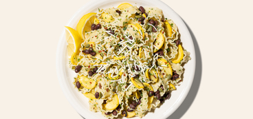 Summer Squash Mafaldine black beans, plant-based mozzarella, pepitas