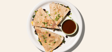 BBQ Black Bean Quesadillas kale, plant-based cheddar, whole wheat tortilla