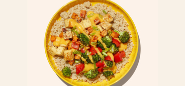 Sheet-Pan Rainbow Vegetable Tofu sweet potato cream sauce, quinoa