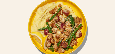 Rustic Seitan Skillet sweet dijon sauce, mashed potatoes, green beans