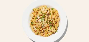 One-Pot Chickpea Piccata Pasta cauliflower, capers, plant-based parmesan
