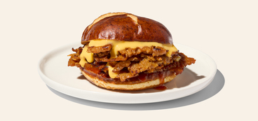 Seitan Chop Sandwiches zesty bbq sauce, plant-based cheddar sauce