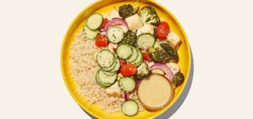 Lemon Miso Tofu Bowls cucumber slices, broccoli, quinoa