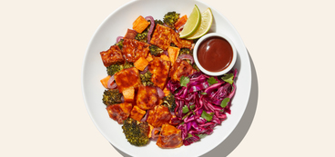 Zesty Tofu Bowls BBQ sauce, roasted sweet potato, cilantro slaw