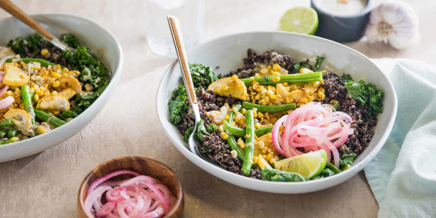 Charred Corn and Kale Salad with Pickled Onion and Citrus Cumin Dressing