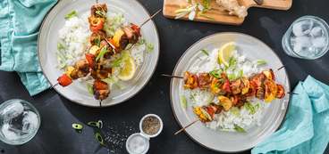 Filipino Barbecue Skewers with Summer Squash and Jasmine Rice