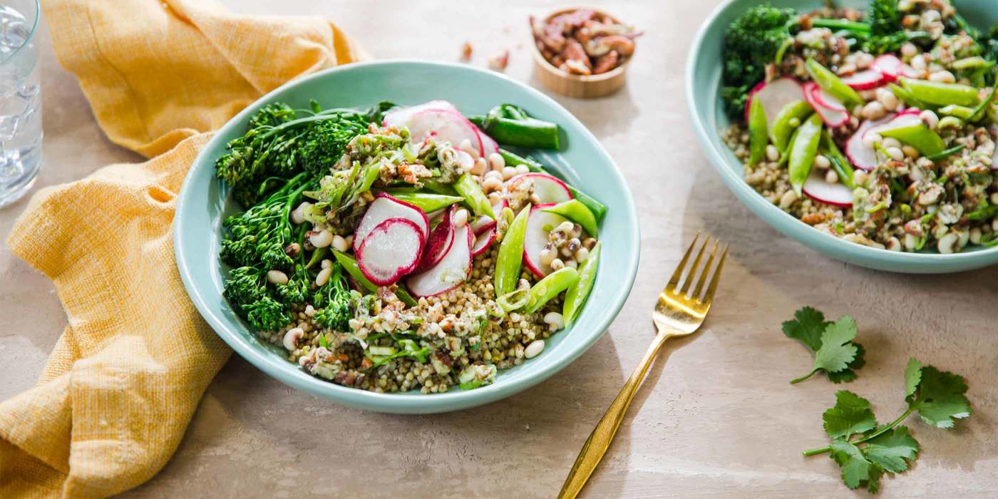 Crispy Buckwheat Bowl with Garden Vegetables and Cilantro Pesto