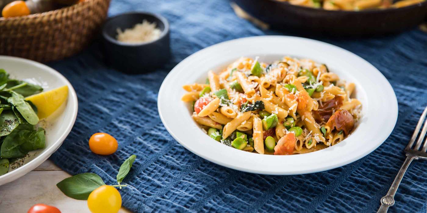 Cherry Tomato Penne with Asparagus and Garlic Oil