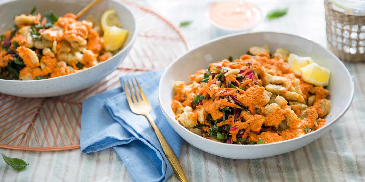 Herb Quinoa Pilaf with Crispy Butterbeans and Romesco Sauce