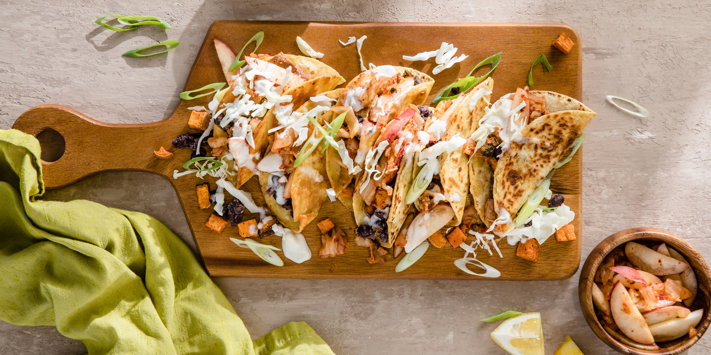 Sweet Potato Black Bean Tacos with Peach Kimchi and Citrus Aioli