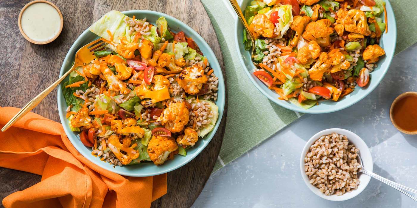 Buffalo Cauliflower Salad with Farro and Ranch Dressing