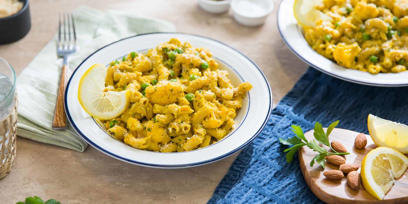 Carrot Pesto Cavatappi with Cauliflower and Peas