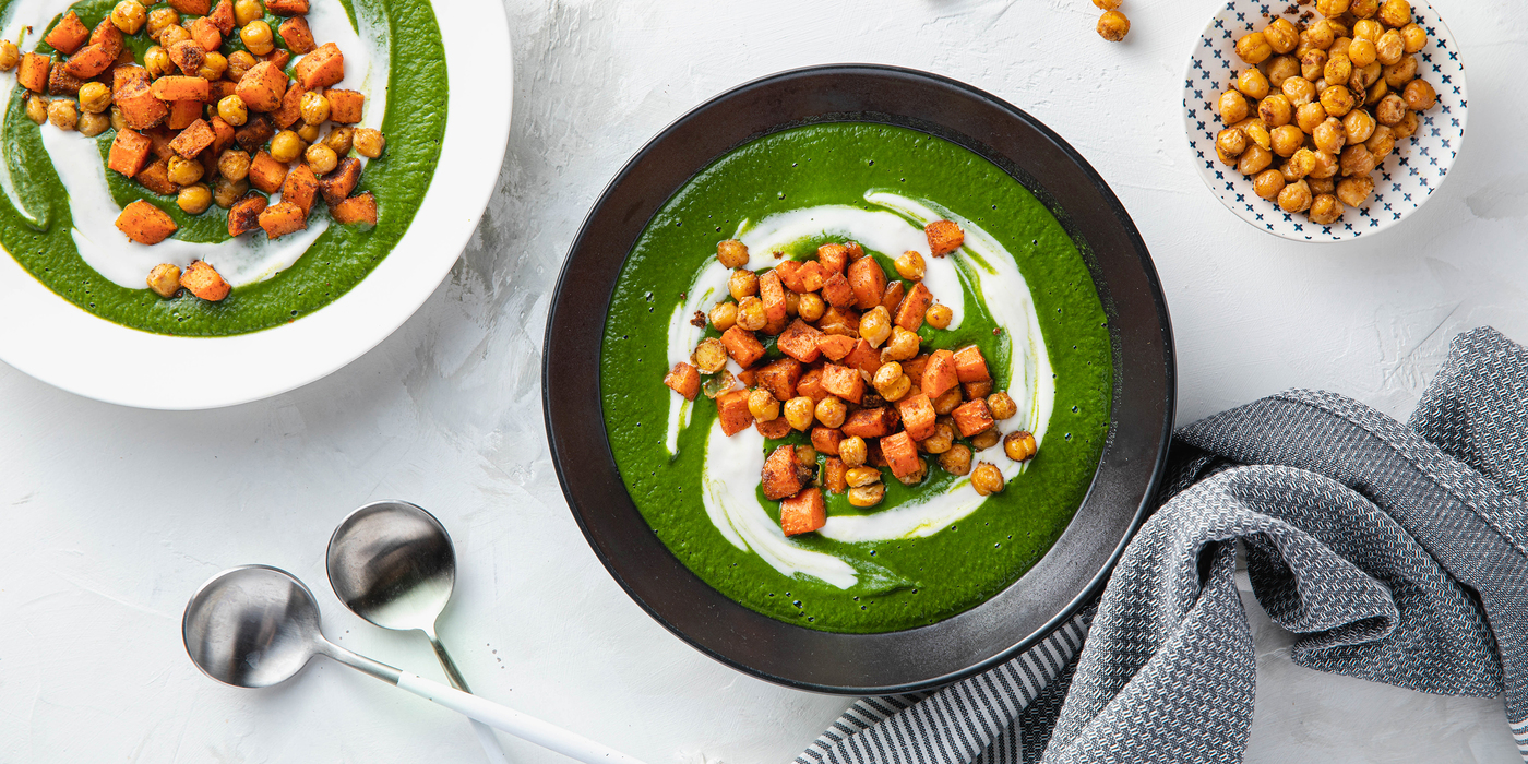 Minted Spinach Soup with Ras El Hanout Carrots & Yogurt