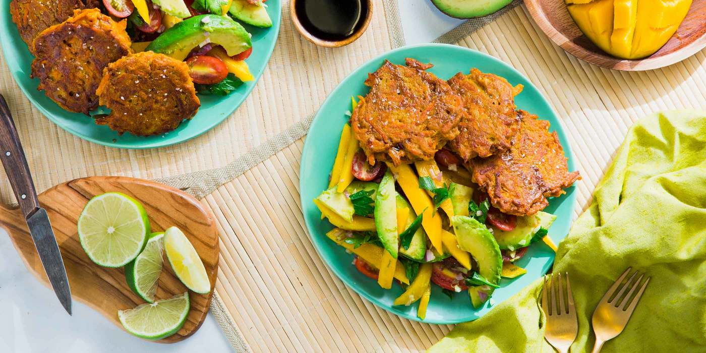 Curried Carrot Fritters with Mango Avocado Salad and Tamarind Chutney