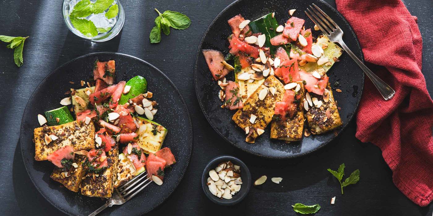 Tofu Halloumi with Watermelon Mint Salad and Charred Zucchini