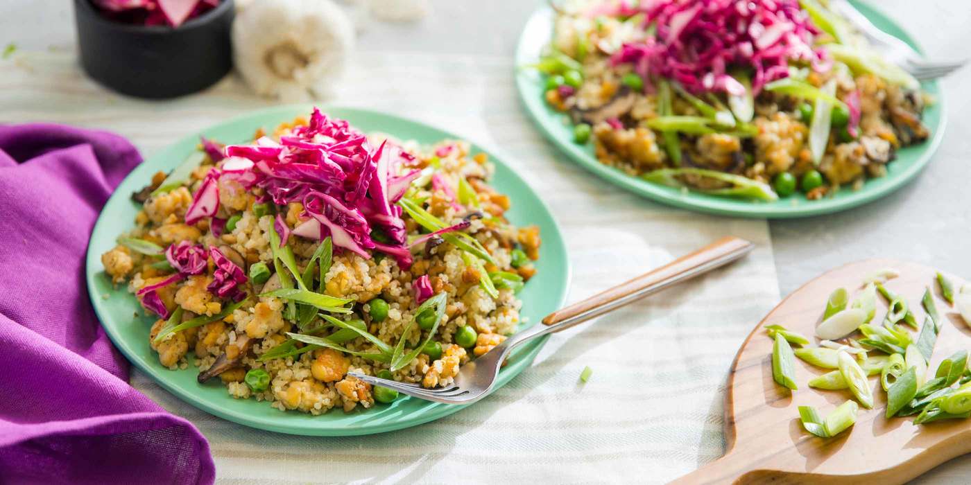 Garlic Quinoa Fried Rice with Crunchy Tempeh and Pickled Cabbage