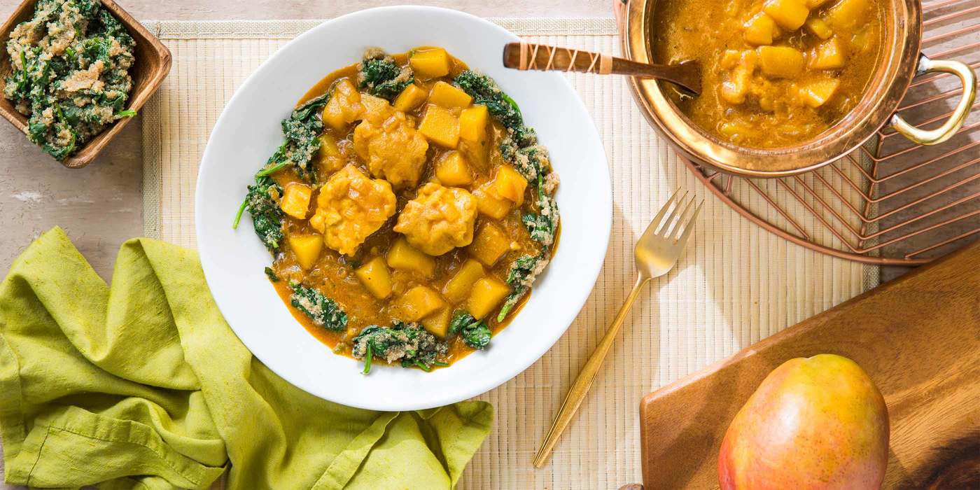 Mango Curry with Chickpea Dumplings and Spinach Amaranth