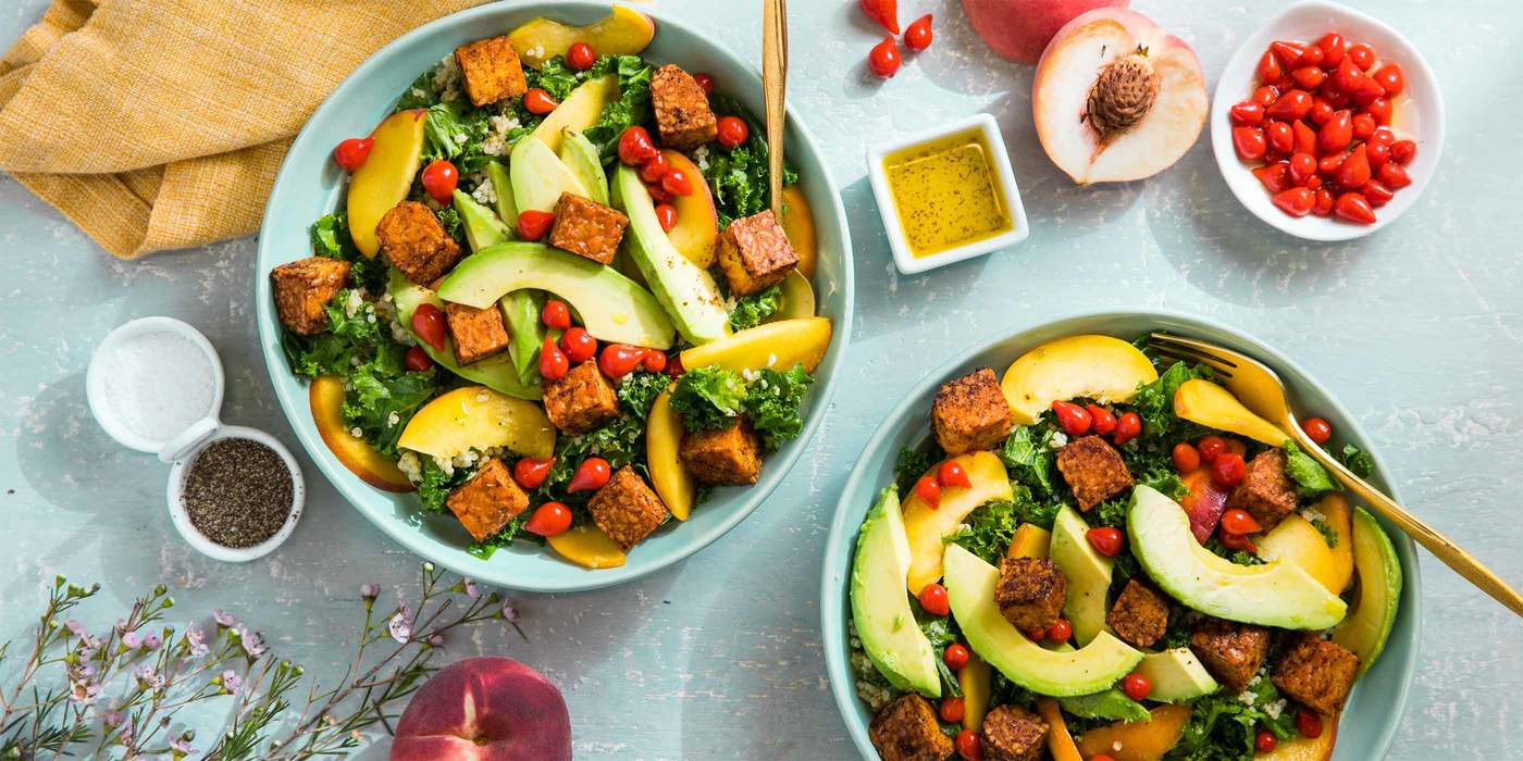 BBQ Tempeh Kale Salads with Peach and Sweet Peruvian Peppers