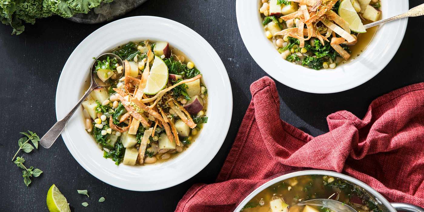 Japanese Yam and Kale Soup with Crispy Lime Tortillas