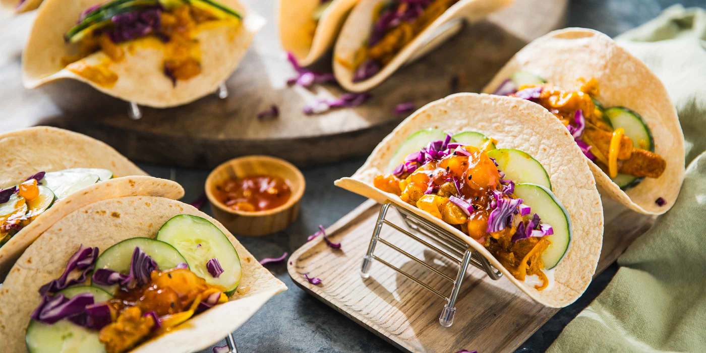 Tempeh Tikka Masala Tacos with Yogurt Cucumbers & Mango Chutney