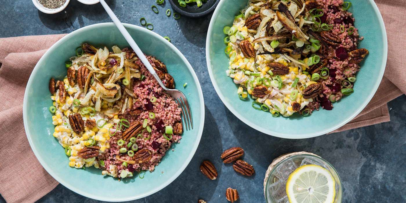 Scallion Creamed Corn with Vibrant Quinoa & Fennel Chips