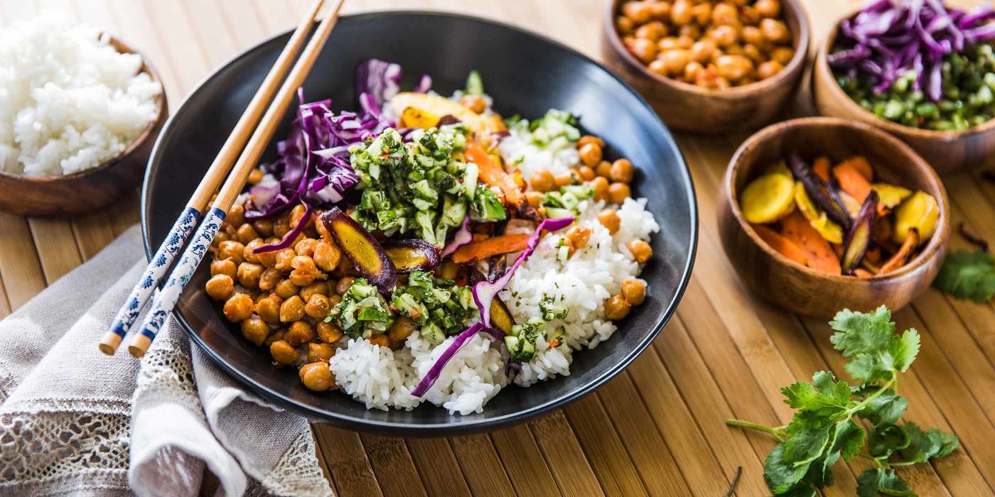 Thai Coconut Rice Bowl with Sambal Chickpeas & Cilantro Mint Chutney