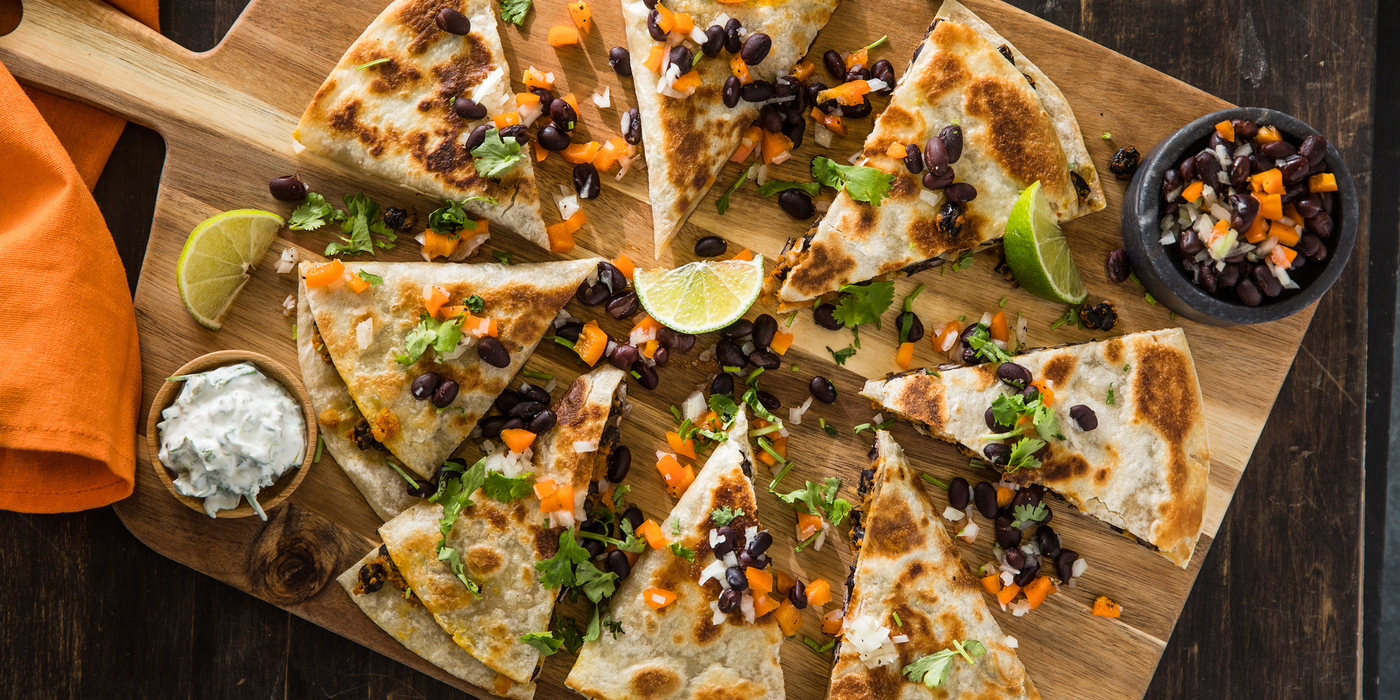 Black Bean Pumpkin Quesadilla with Sweet Pepper Salsa & Jalapeno Lime Crema