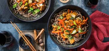 Five Spice Tofu Stir-Fry with Soba Noodles & Chile-Apricot Sauce