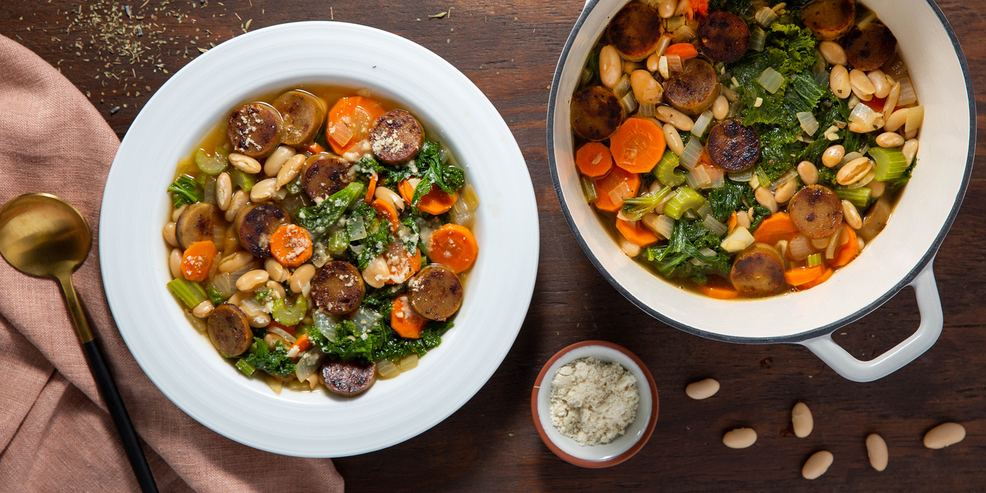 Italian Cannellini Bean Stew with Mustard Greens & Parmesan