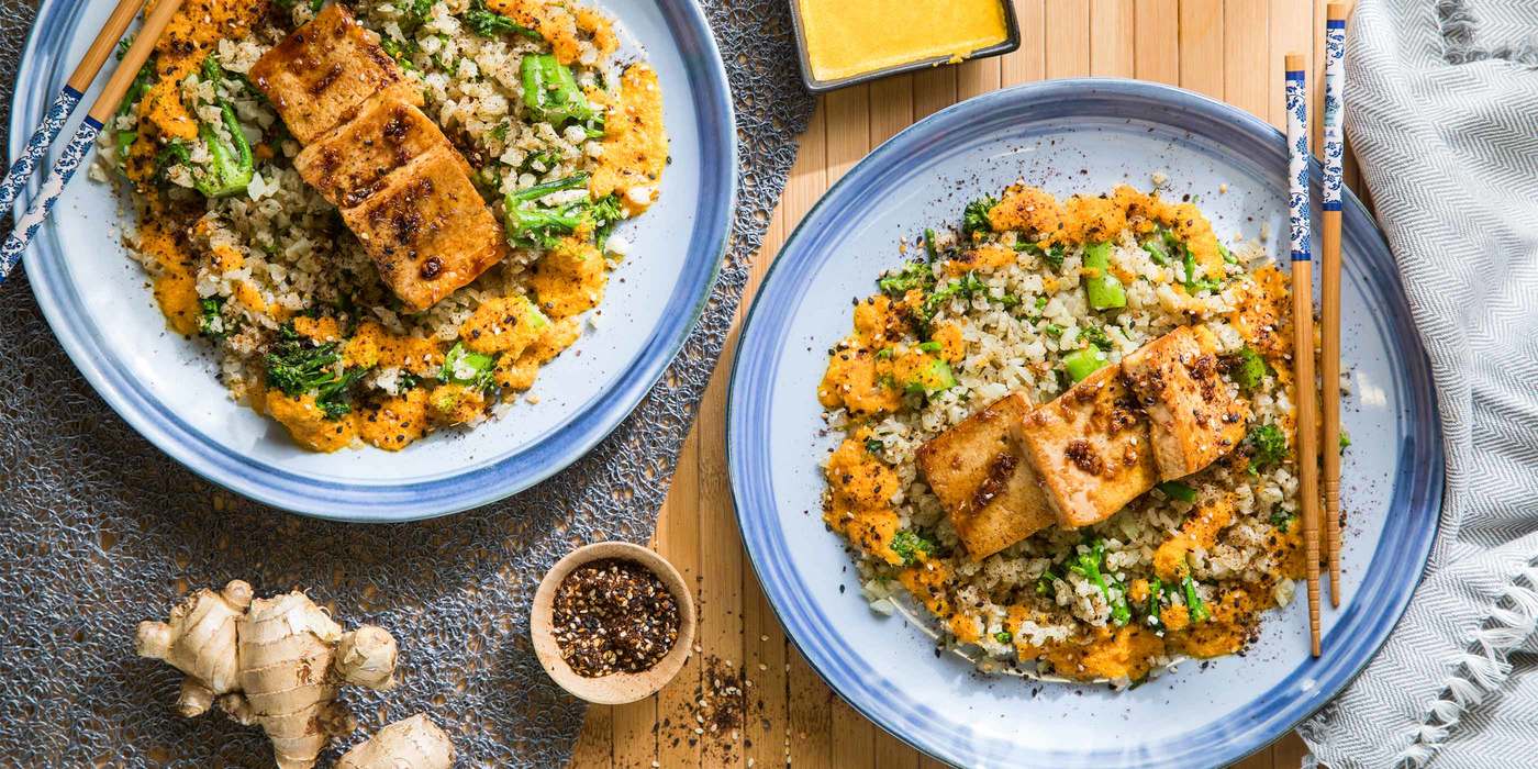 Sticky Sesame Tofu with Cauliflower Rice & Carrot Ginger Dressing