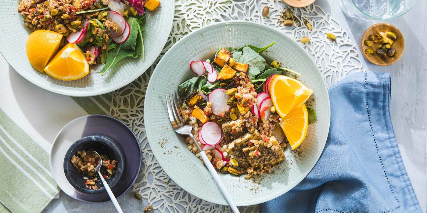 Mediterranean Bowl with Pistachios & Orange-Olive Tapenade