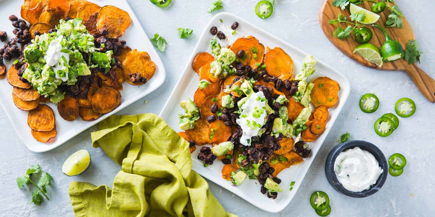 Loaded Sweet Potato Nachos with Chipotle Black Beans & Avocado Salsa