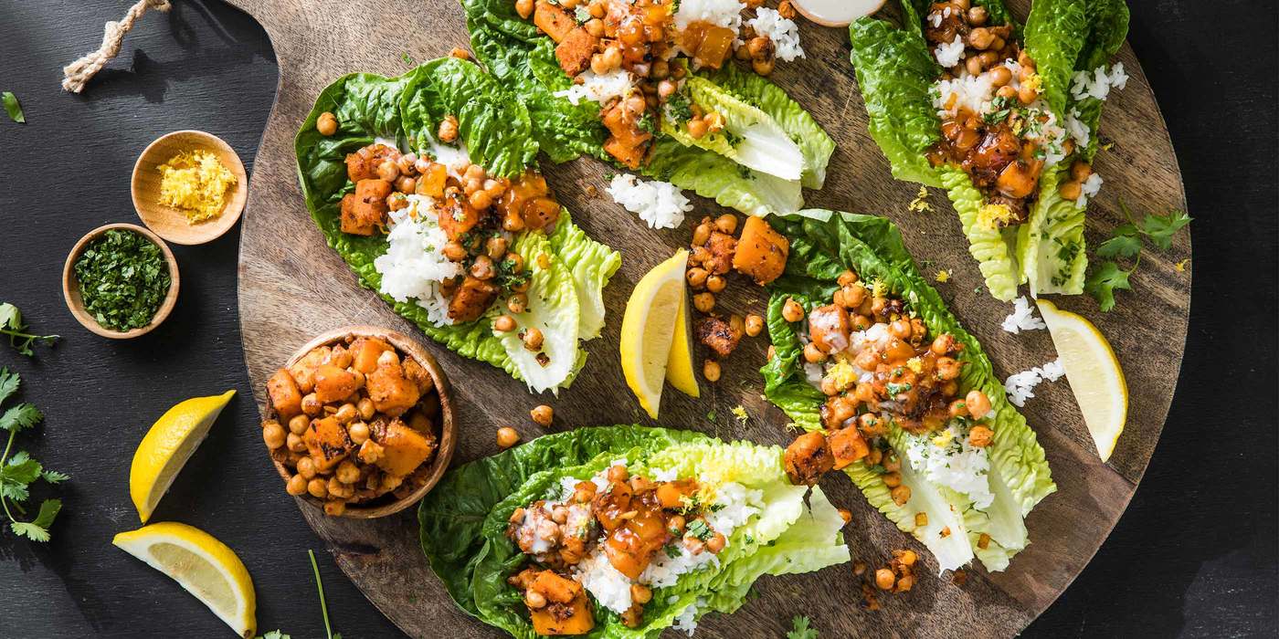 Tandoori Chickpea Lettuce Wraps with Butternut Squash & Mango Chutney