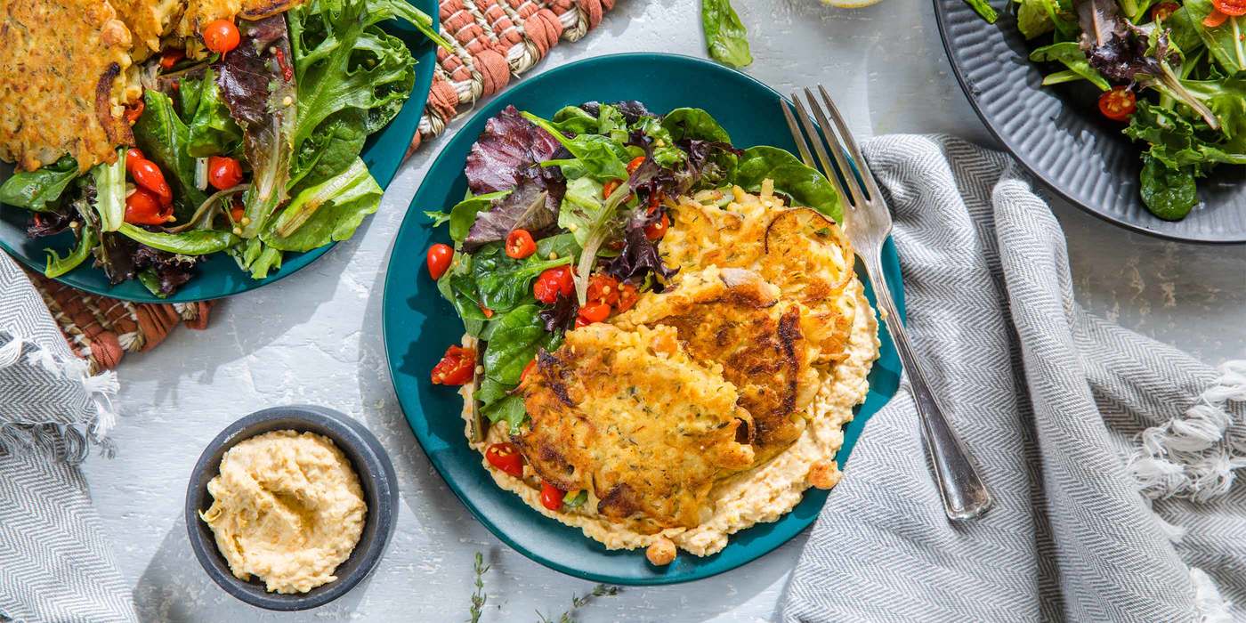 Parsnip Thyme Fritters with Greens & Dijon Hummus