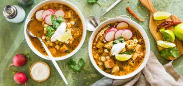 Crispy Tempeh Posole with Lime, Radishes & Sour Cream