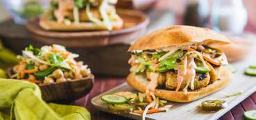 Banh Mi Burgers with Cilantro Broccoli Slaw & Sriracha Mayo