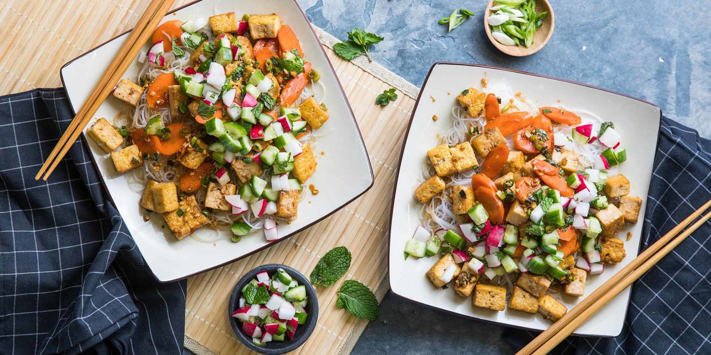 Saigon Noodles with Ginger Tofu & Cucumber Mint Salad