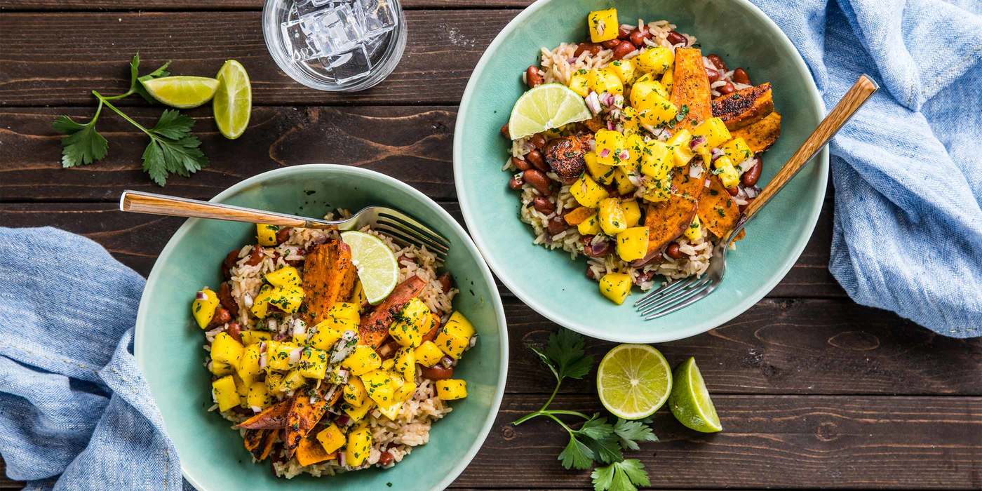 Caribbean Sweet Potatoes with Coconut Rice & Mango Salsa