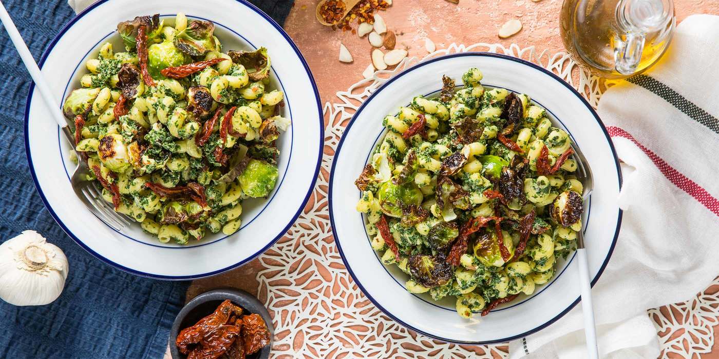 Kale Pesto Cavatappi with Crispy Brussels & Sun-dried Tomatoes