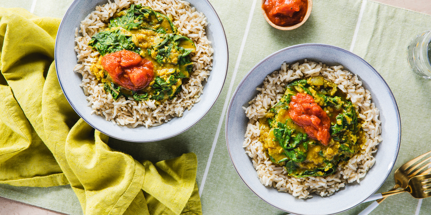 Red Lentil Coconut Dal with Tomato Chutney & Brown Basmati Rice