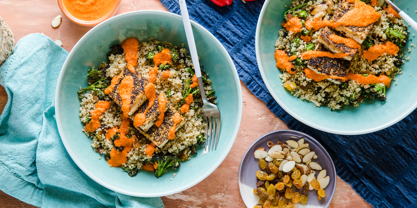 Za'atar Tofu with Mediterranean Quinoa Pilaf & Romesco Sauce