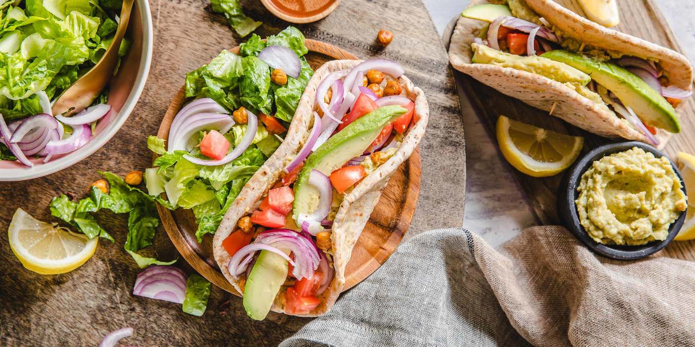 Crispy Buffalo Chickpea Wraps with Avocado Hummus & Romaine Salad