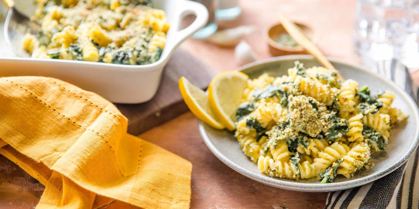 Creamy Butternut Pasta Bake with Kale & Pepita Parmesan