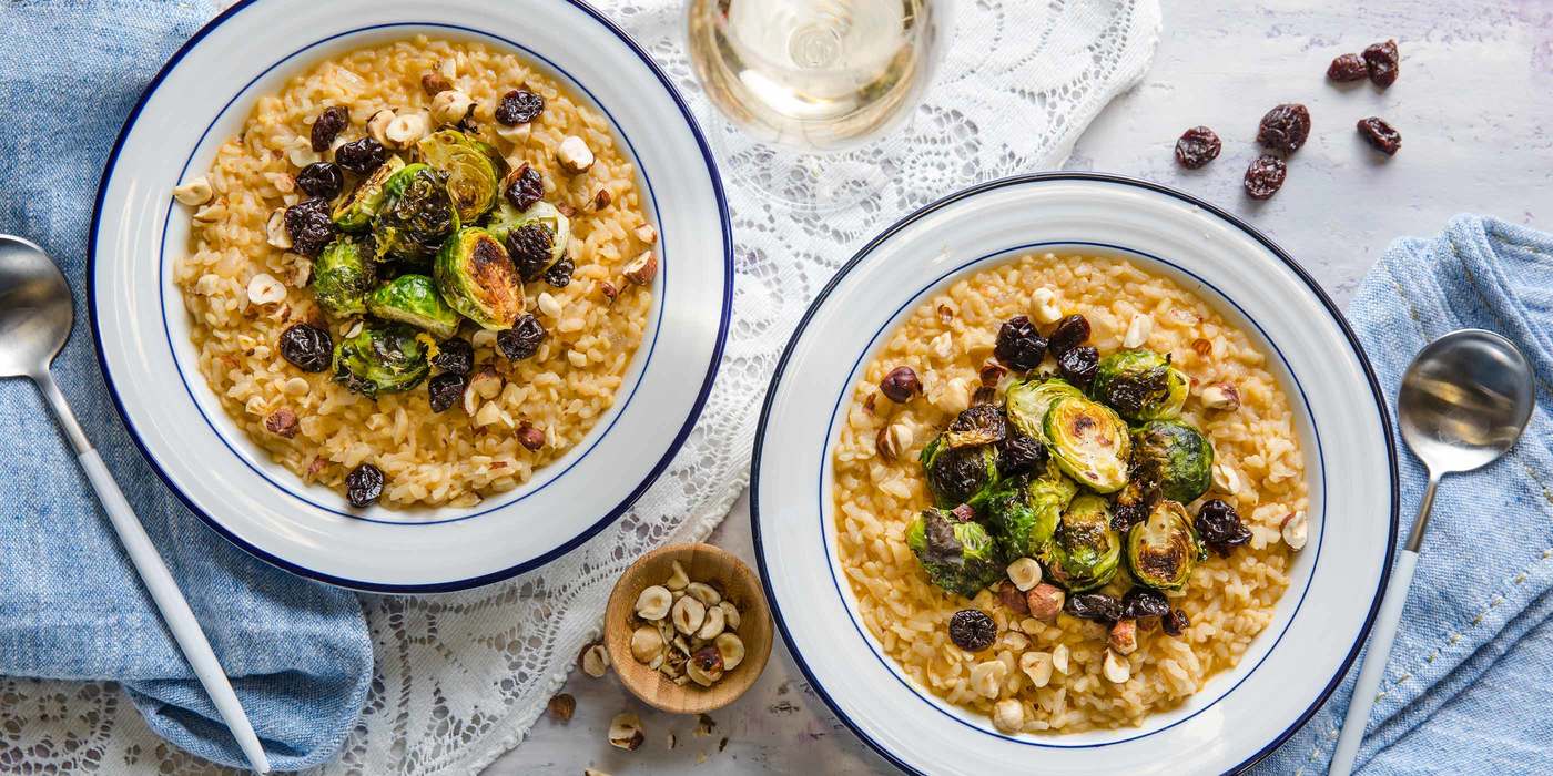 White Lentil Risotto with Roasted Brussels Sprouts & Hazelnuts