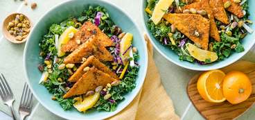 Winter Salad with Orange Blackened Tempeh & Tahini Dressing