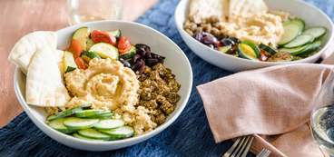 Roasted Vegetable Hummus Bowl with Za'atar Tofu & Freekeh