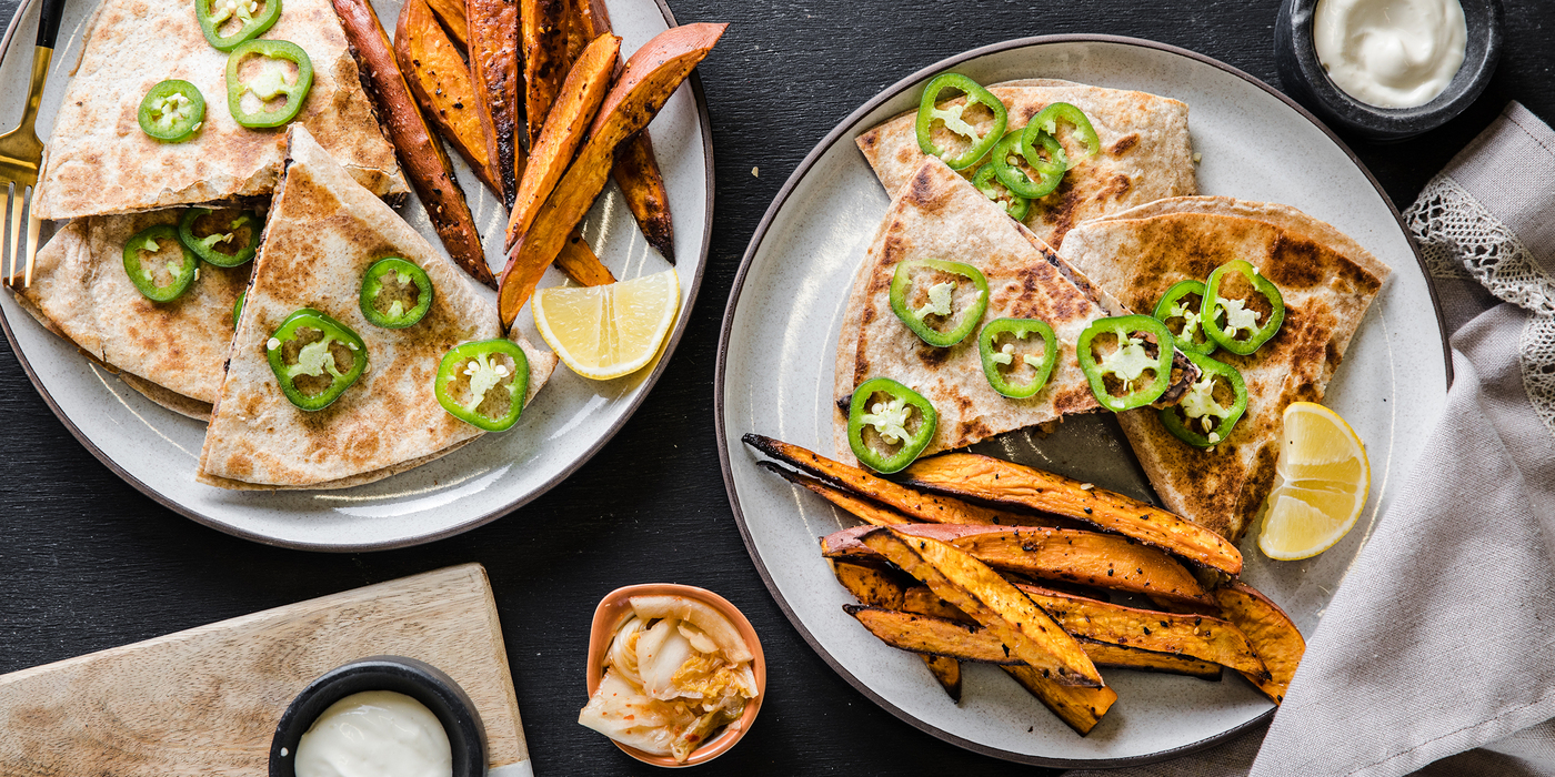 Kimchi Quesadillas with Togarashi Sweet Potato Fries & Lemon Aioli