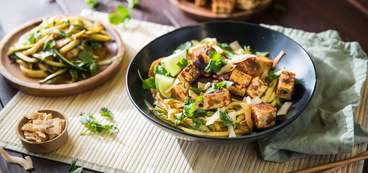 Crispy Peanut Tofu with Zucchini and Carrot Noodles